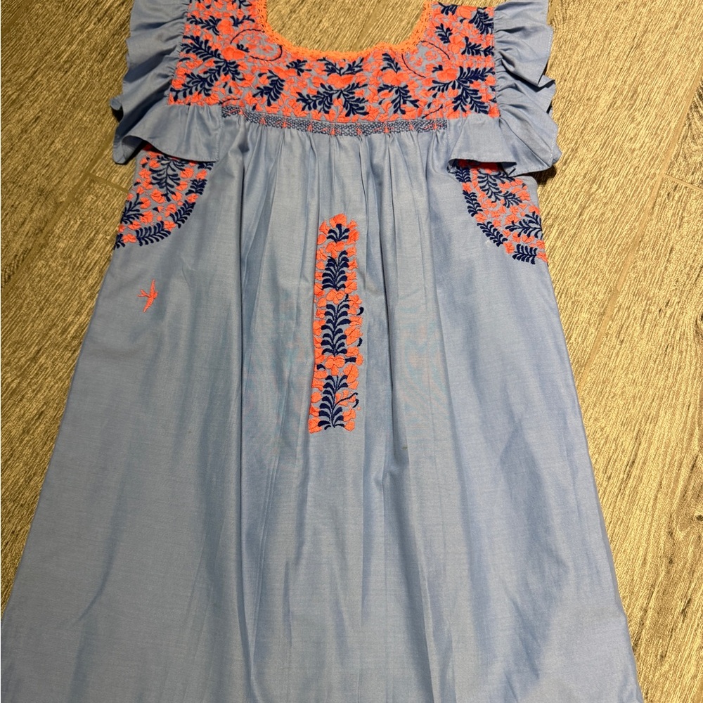 Mi Golondrina Coral and Blue Embroidered Dress